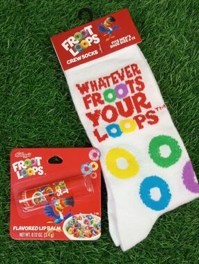 🥨🍒 Froot Loops White Crew Socks with Froot Loops Lip Balm
